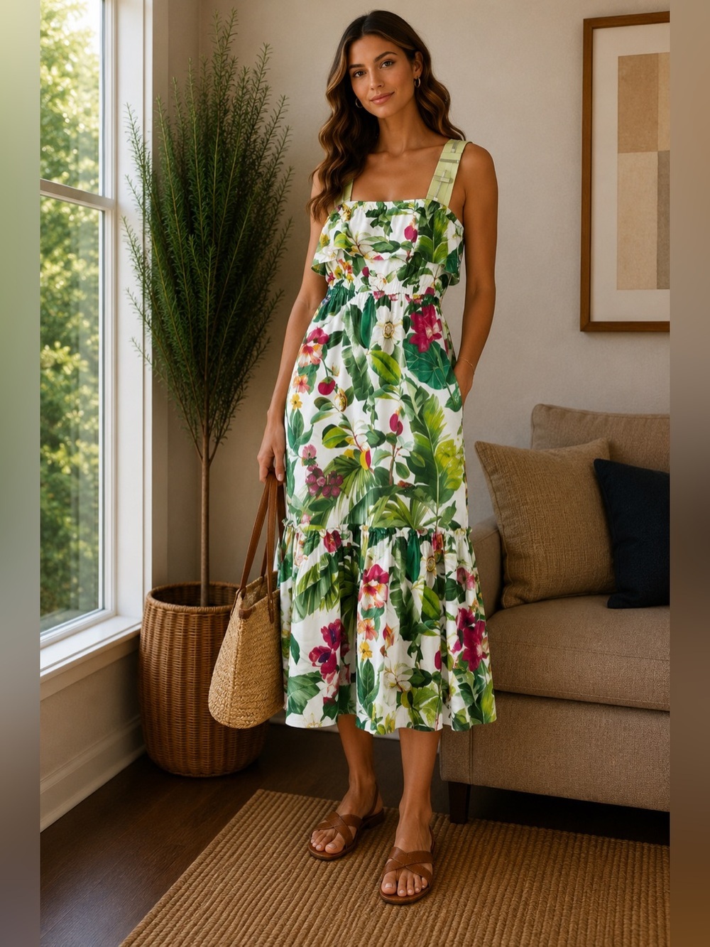 Persifor Clementine Ruffled Midi Tropical Floral Sleeveless Dress size Large